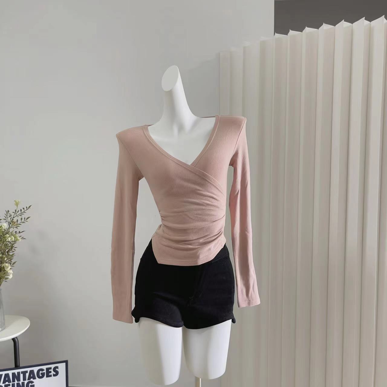 Women's White Cross V-Neck Long Sleeve Knit Top Irregular Slim Cropped Base Layer