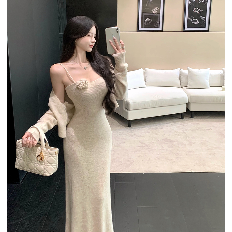 French Style Two-Piece Knit Dress Set with Cardigan Jacket
