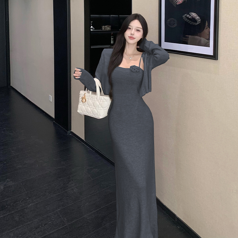 French Style Two-Piece Knit Dress Set with Cardigan Jacket - Image 2