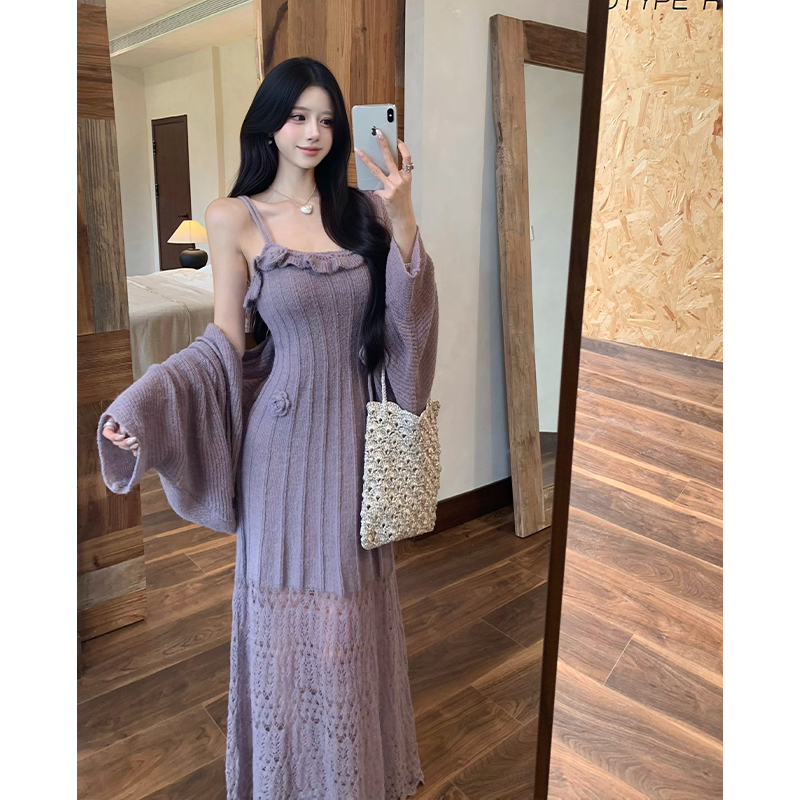French Style Elegant Cami Dress and Cardigan Two-Piece Set with Hollow Crochet Knit - Image 2