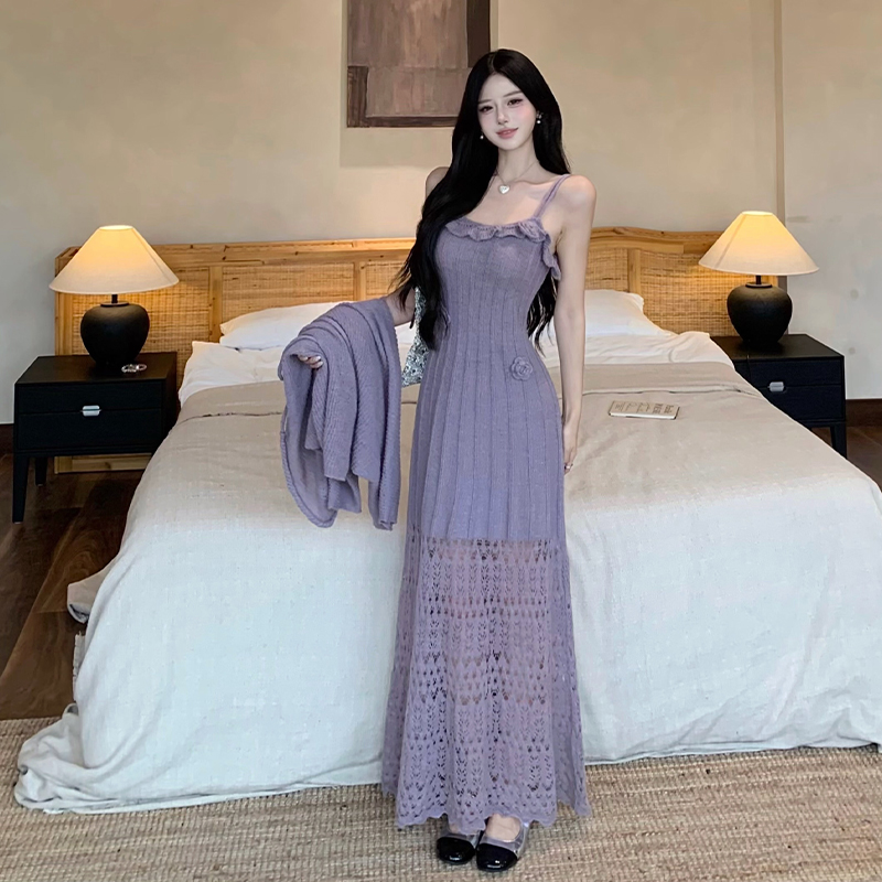 French Style Elegant Cami Dress and Cardigan Two-Piece Set with Hollow Crochet Knit - Image 4
