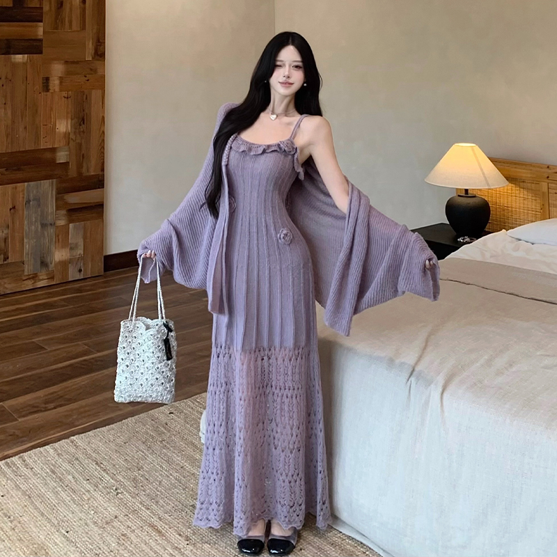 French Style Elegant Cami Dress and Cardigan Two-Piece Set with Hollow Crochet Knit - Image 3
