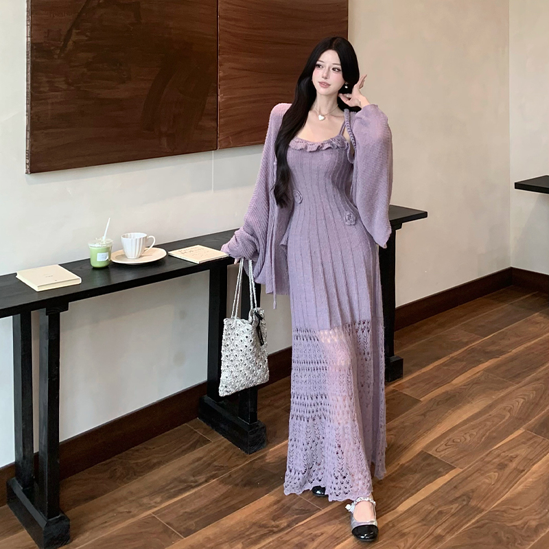 French Style Elegant Cami Dress and Cardigan Two-Piece Set with Hollow Crochet Knit