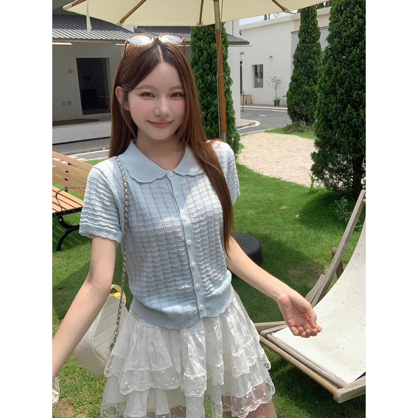 Korean Lace Collar Hollow Out Breathable Knit Top Women Summer Short Sleeve Slim Fit Button Down - Image 3