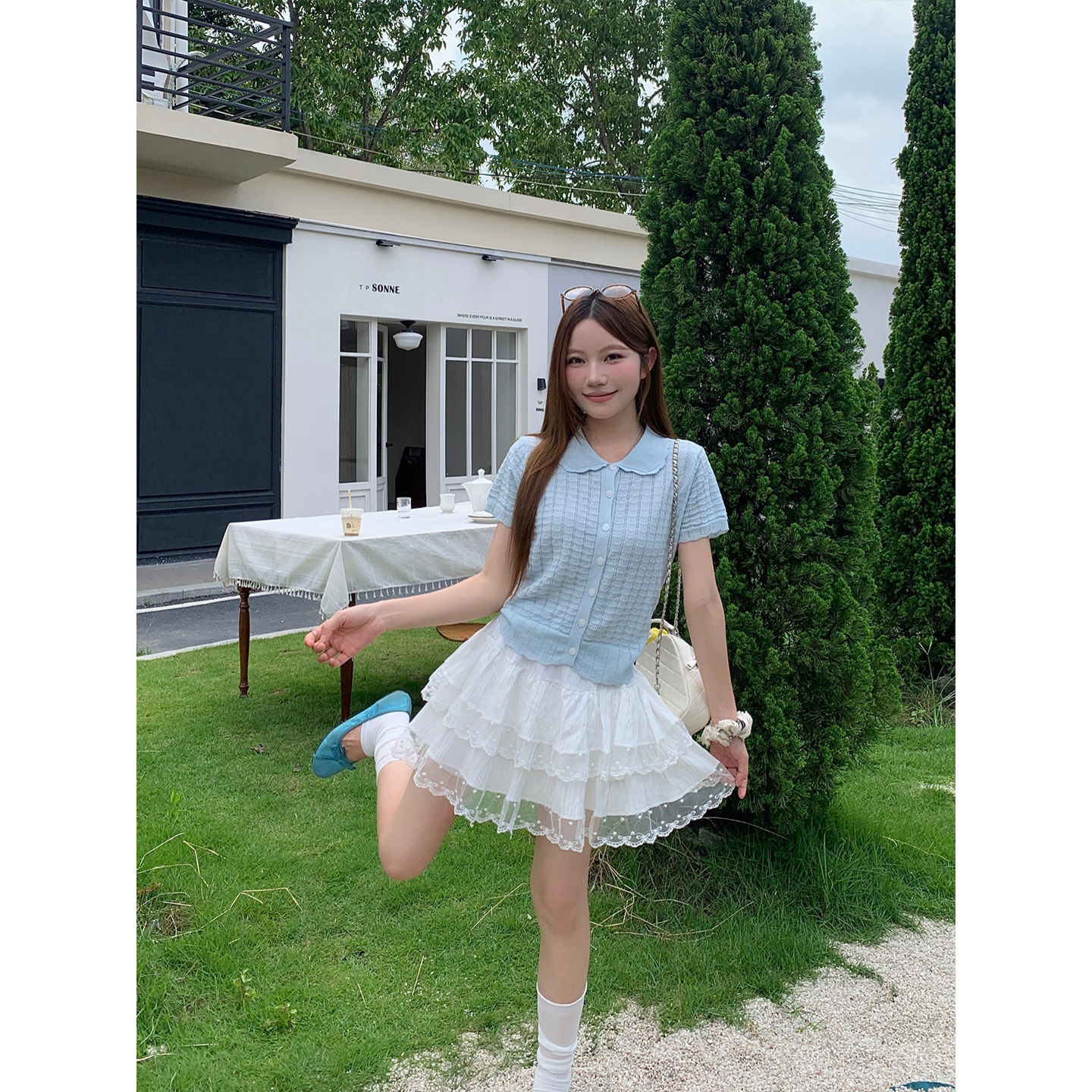 Korean Lace Collar Hollow Out Breathable Knit Top Women Summer Short Sleeve Slim Fit Button Down - Image 4
