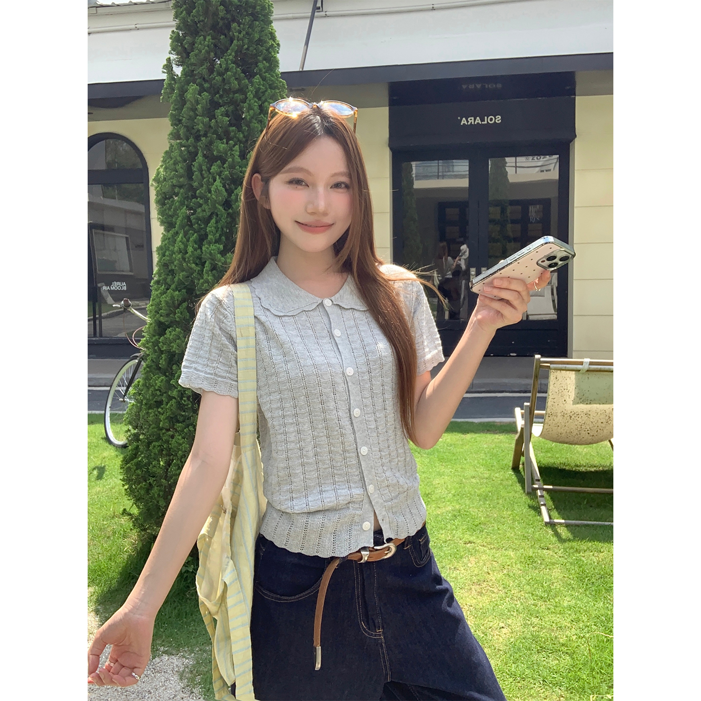 Korean Lace Collar Hollow Out Breathable Knit Top Women Summer Short Sleeve Slim Fit Button Down - Image 5
