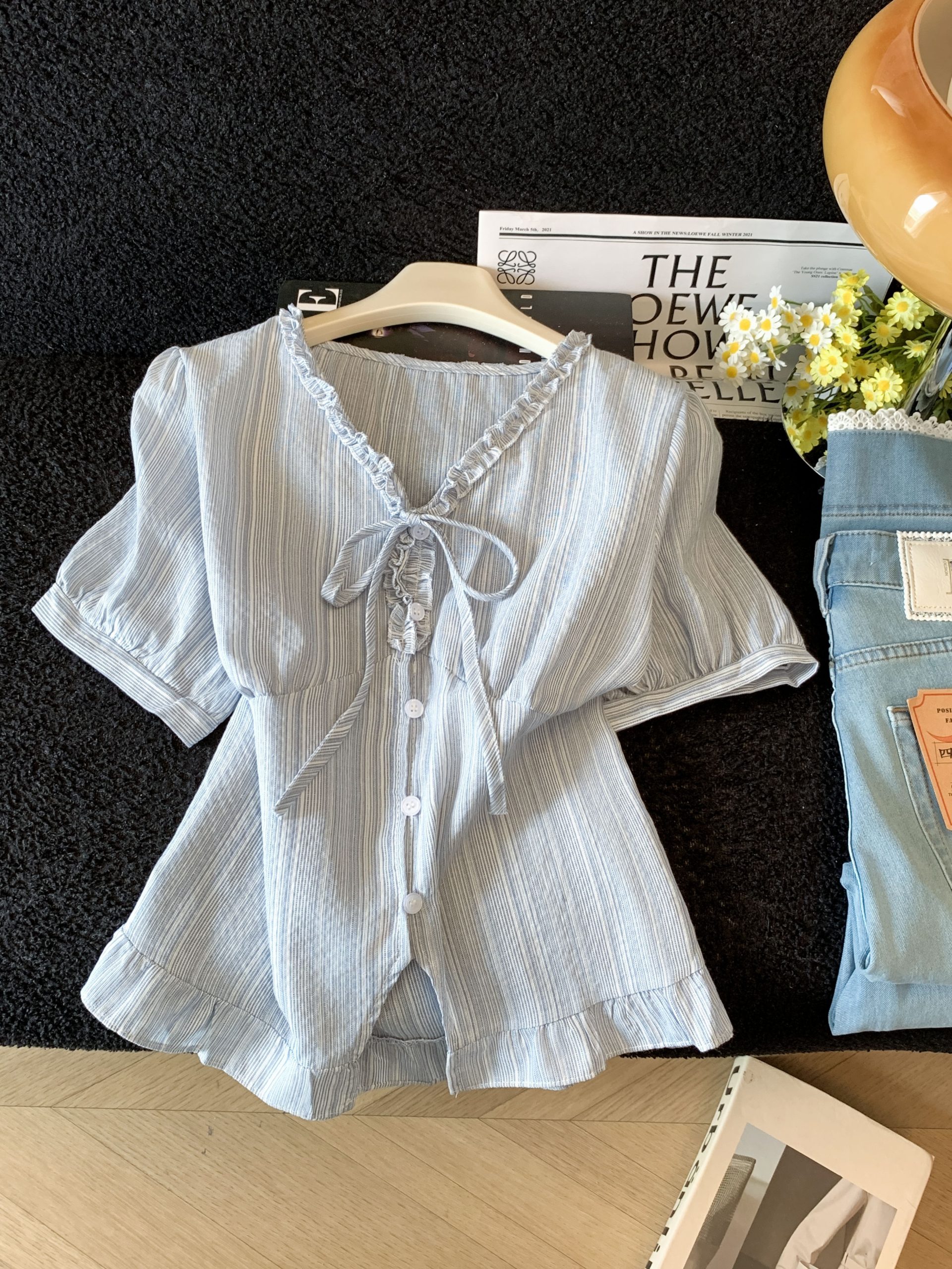 Light Blue Striped V-Neck Short Sleeve Shirt Women 2026 Summer Sweet Slimming Top - Image 2