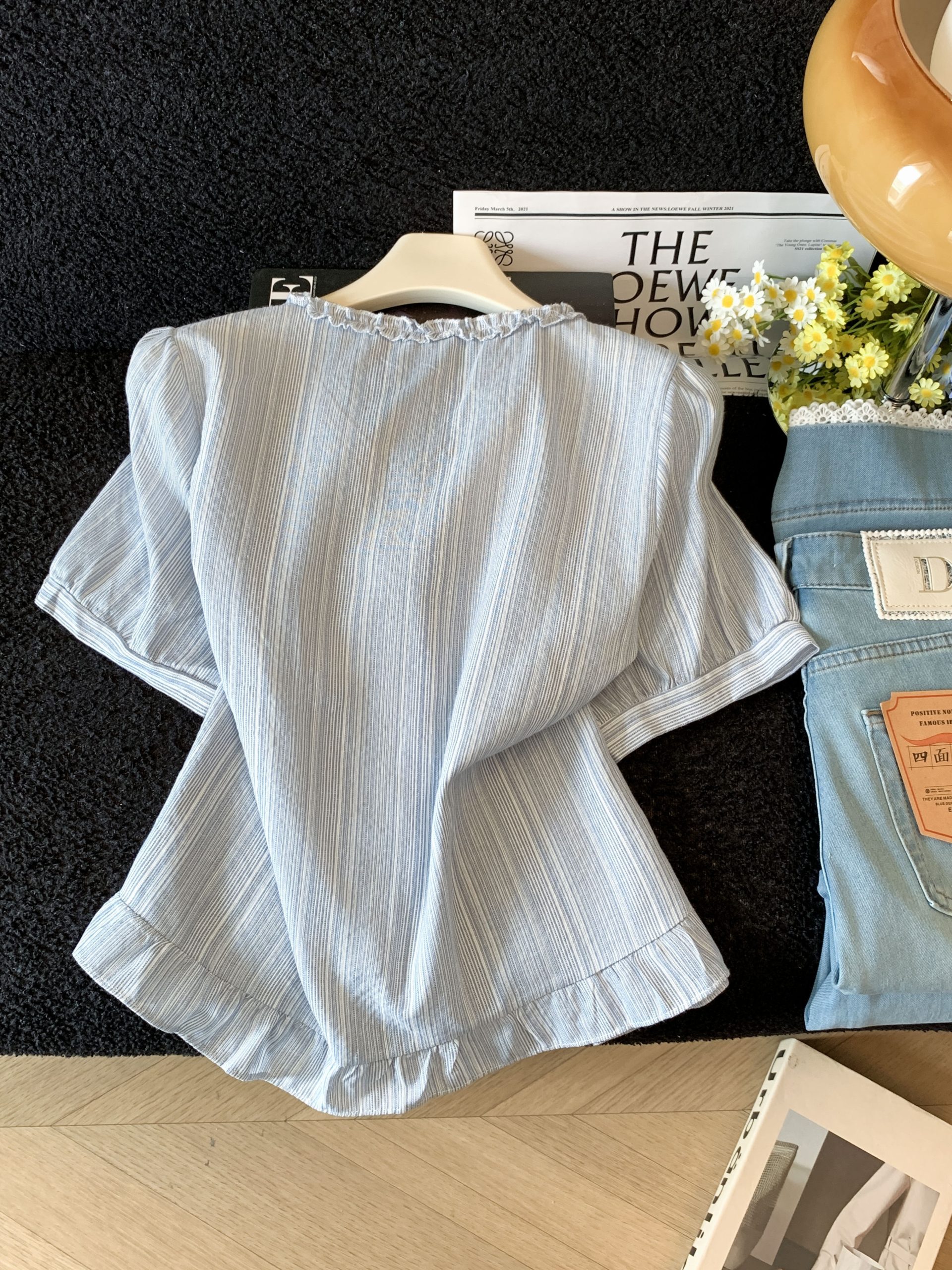 Light Blue Striped V-Neck Short Sleeve Shirt Women 2026 Summer Sweet Slimming Top - Image 3